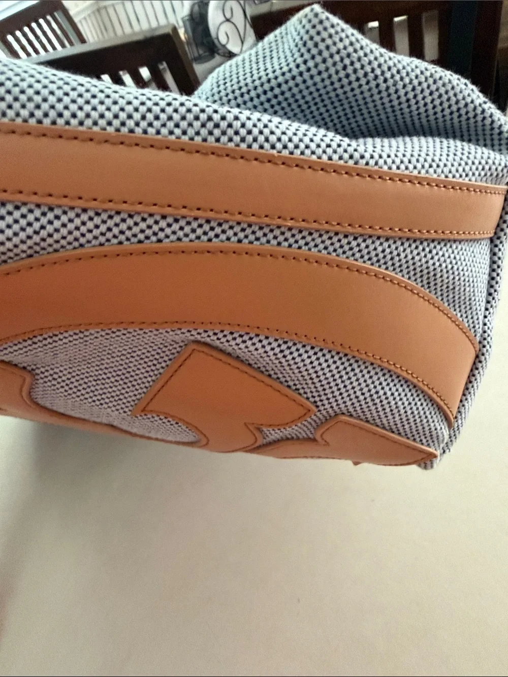 Tory Burch Light Blue Canvas Weekender with Tan Leather Logo